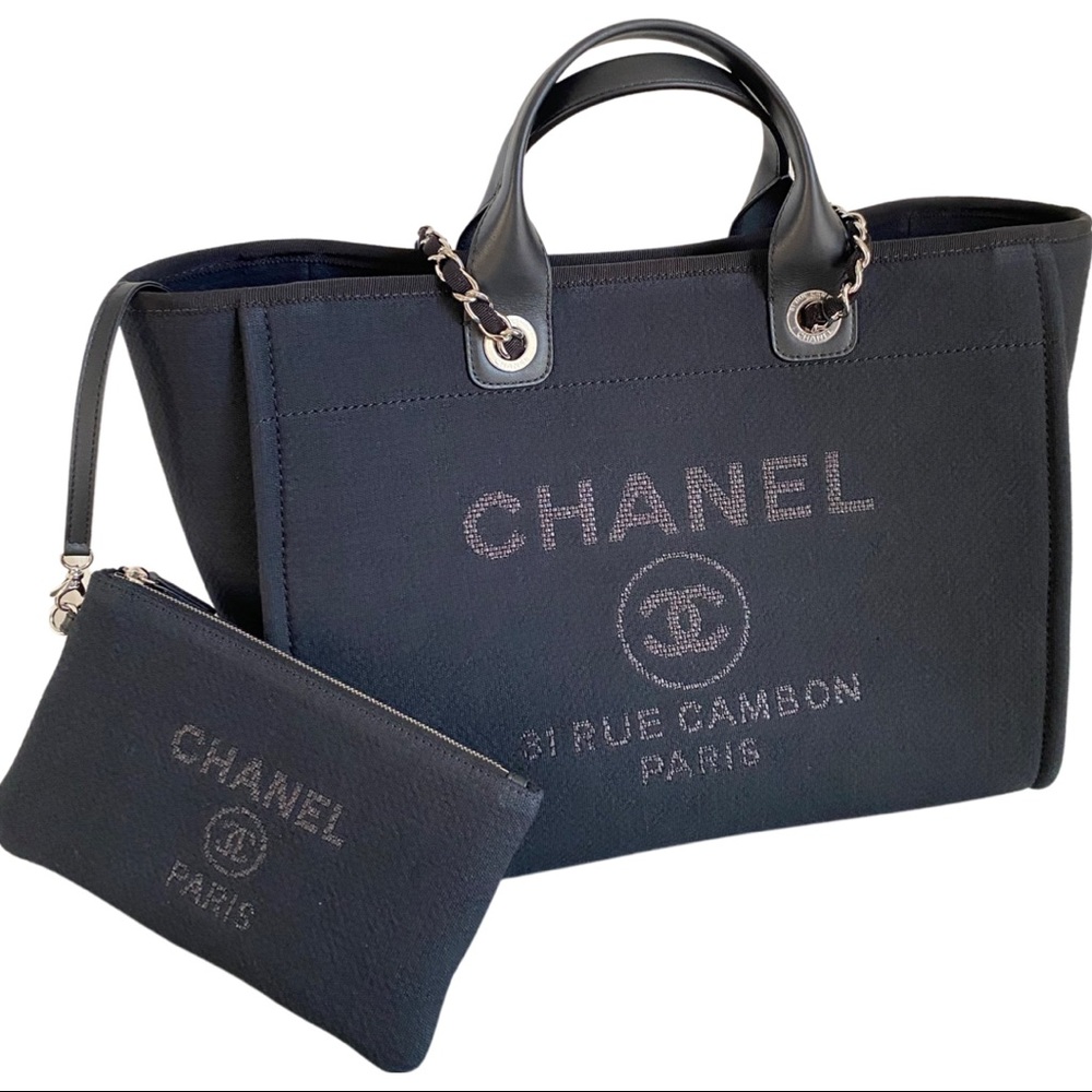 FULL SET - CHANEL Deauville Large Shopping Bag (Black Canvas w/ Silver Hardware)